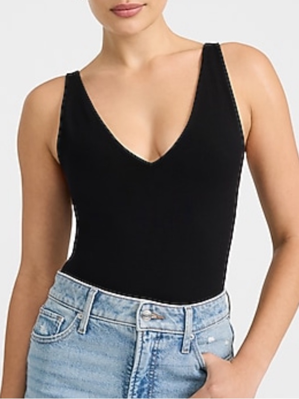 Express BODY CONTOUR DOUBLE LAYER V-NECK THONG BODYSUIT - Black